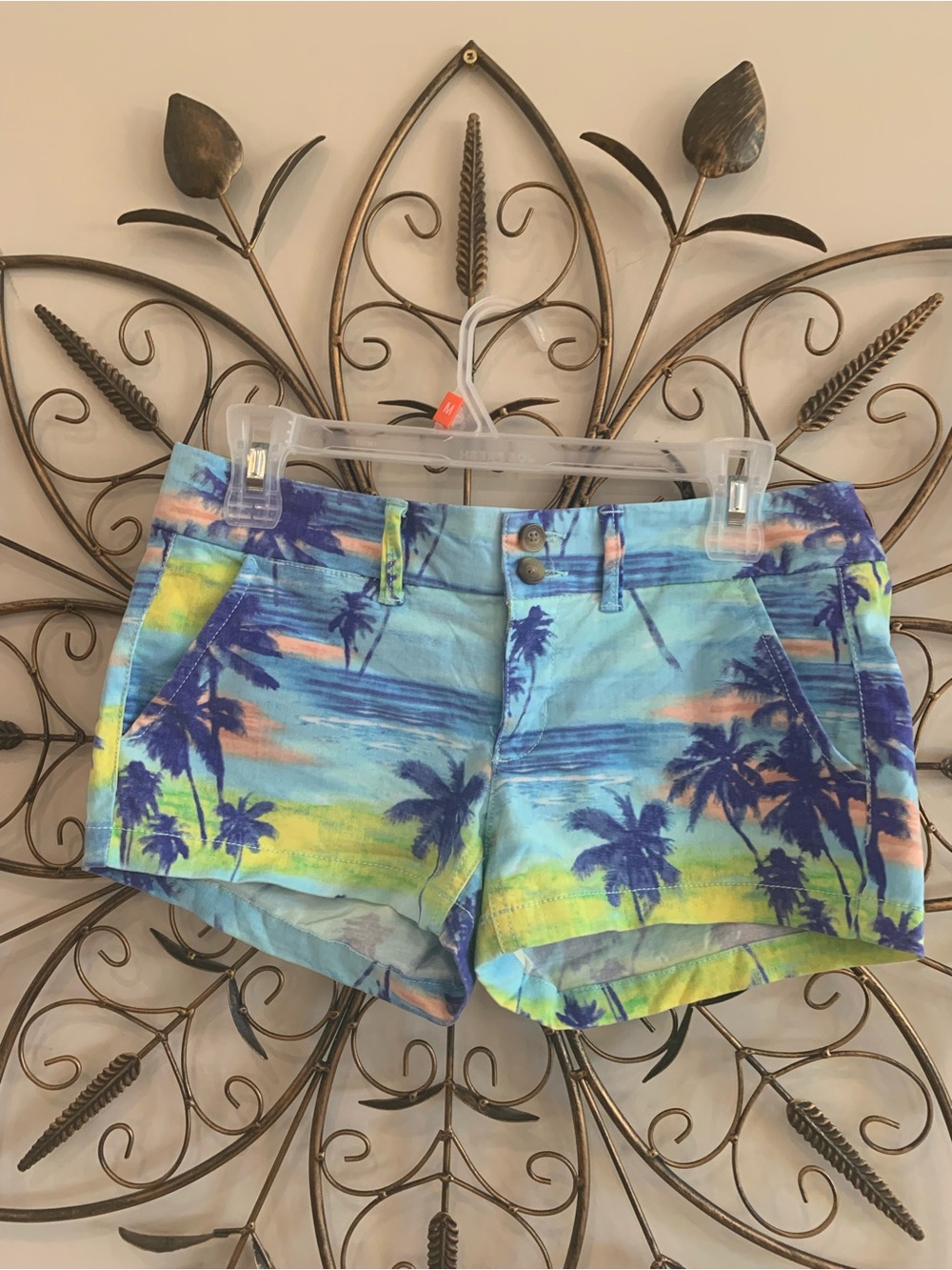 American Eagle Outfitters Stretch Blue Tropical Palm-Print Jean Shorts